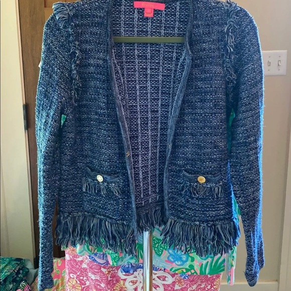 Simora Fringe Cardigan M - Oyster Bay Navy Exotic Tweed. NWOT new without tag - Picture 4 of 6